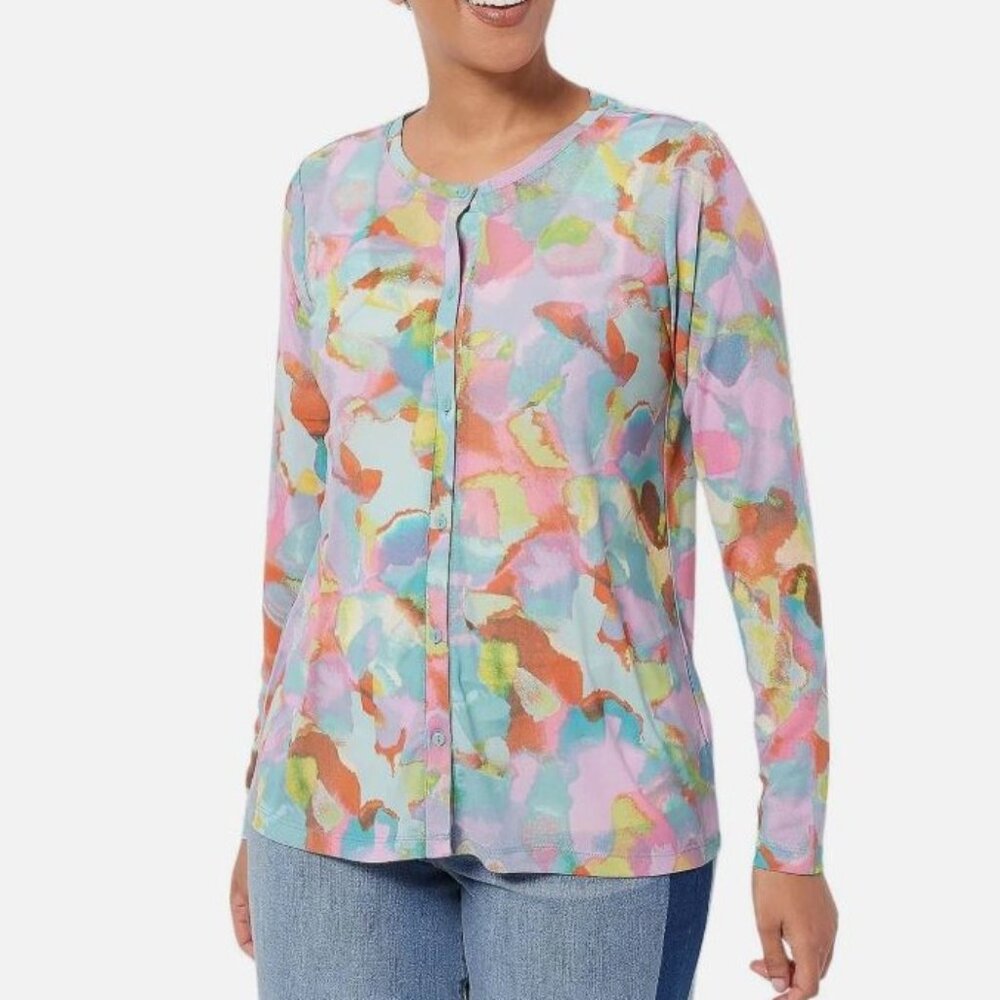 LOGO Lori Goldstein Clarissa Mesh Button Up Top 3X Aqua Watercolor Print Artsy